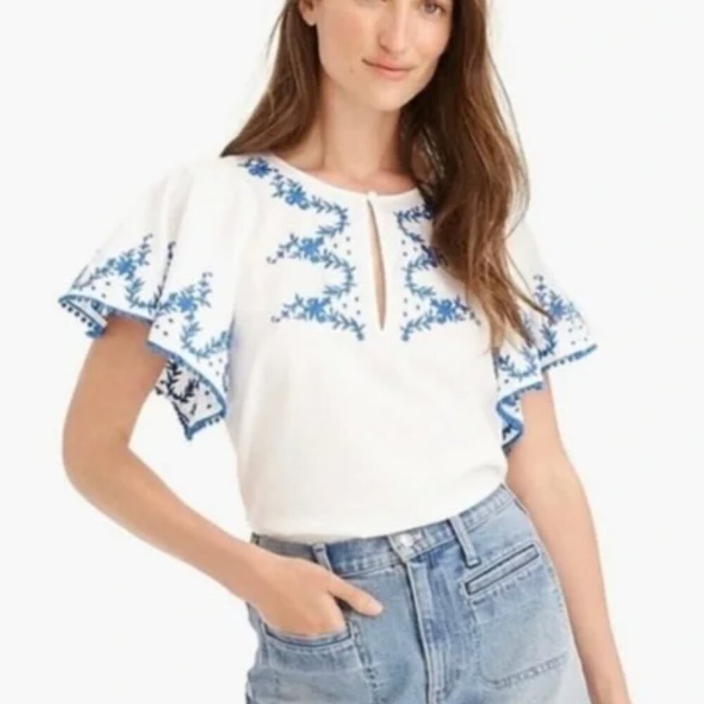 Jcrew Flutter-sleeve top with embroidered trim